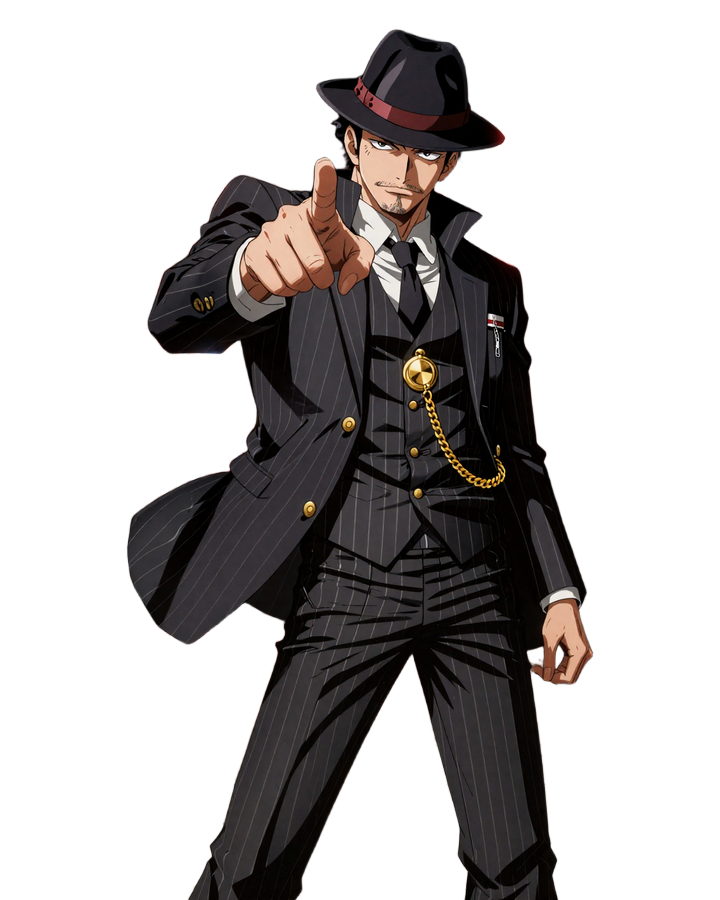 Anime Don-Sensei Maskottchen von SlotMafia Casino zeigt mit dem Finger auf den Spieler in dunkler Gasse mit goldenen SM-M&uuml;nzen